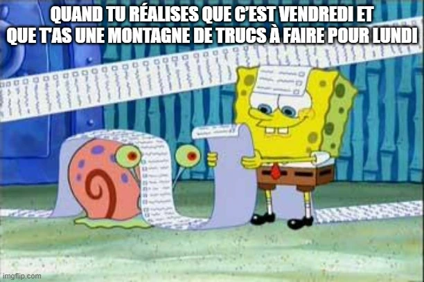 Bob l’éponge tenant une to-do list excessivement longue à côté de Gary l’escargot.