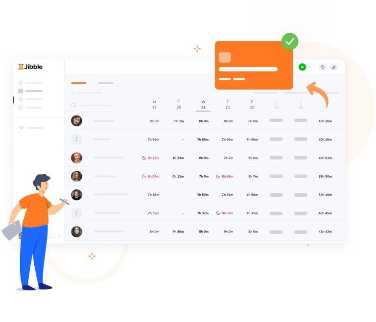 An overview of Jibble timesheets displaying real-time employee hours.