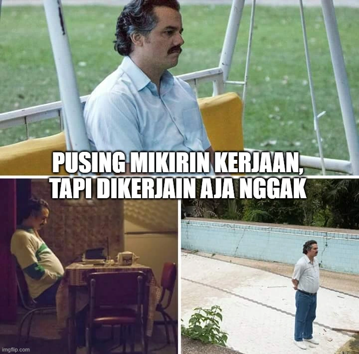Meme Pablo Escobar berpikir dan tenggelam dalam pikirannya.