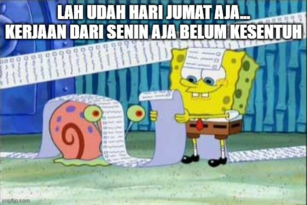 Spongebob memegang to-do list panjang di samping Gary si siput.