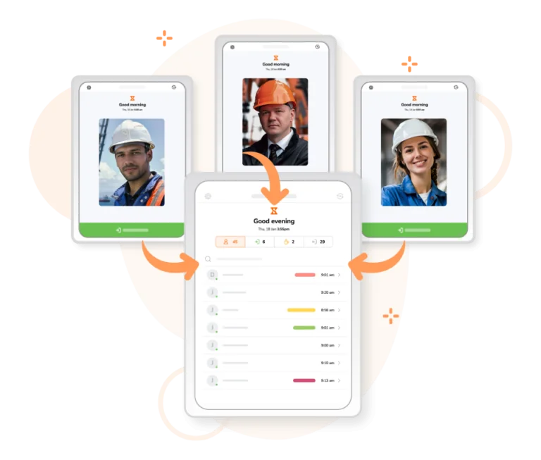 Oil and gas industry workers clocking in for work using a shared attendance kiosk.
