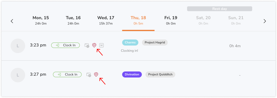 Added locations shown with a red icon on timesheets