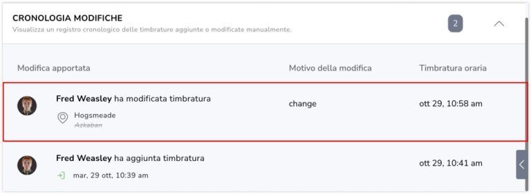 Time entry change history location