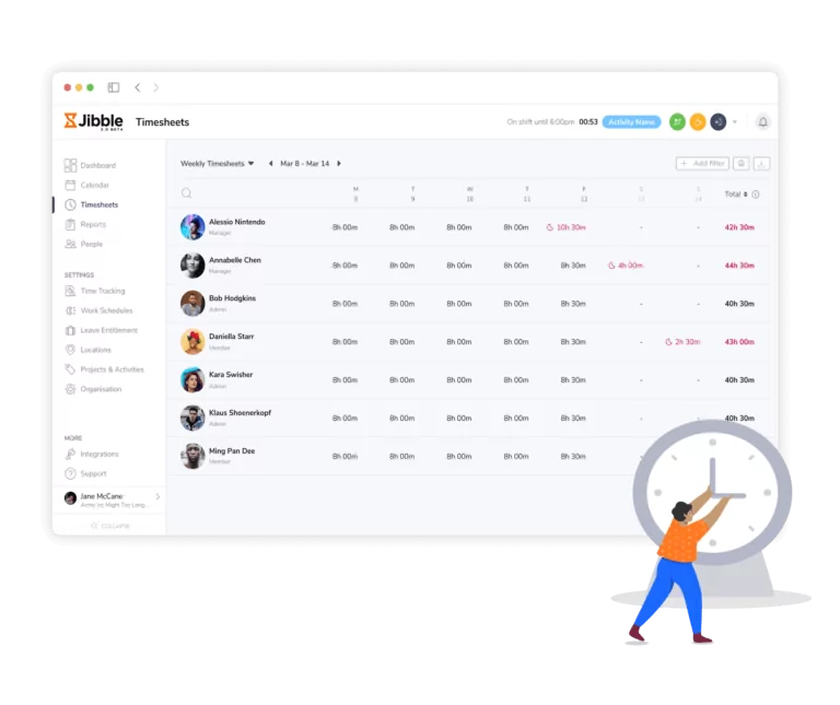 Schermata registrazione di ingresso e uscita dei membri nel software di rilevamento del tempo e delle presenze.