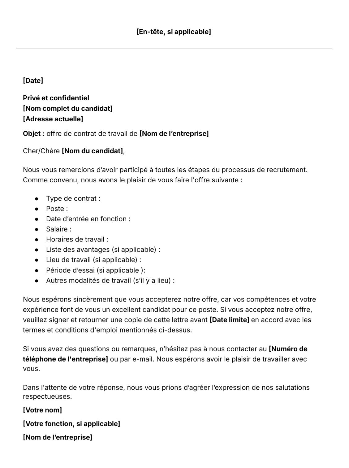 Modèle gratuit de lettre d'offre de contrat de travail