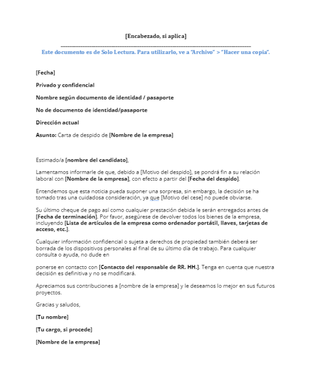 Plantilla de carta de despido
