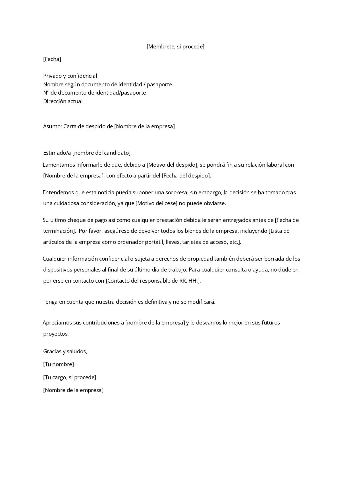 Modelo gratuito de carta de despido