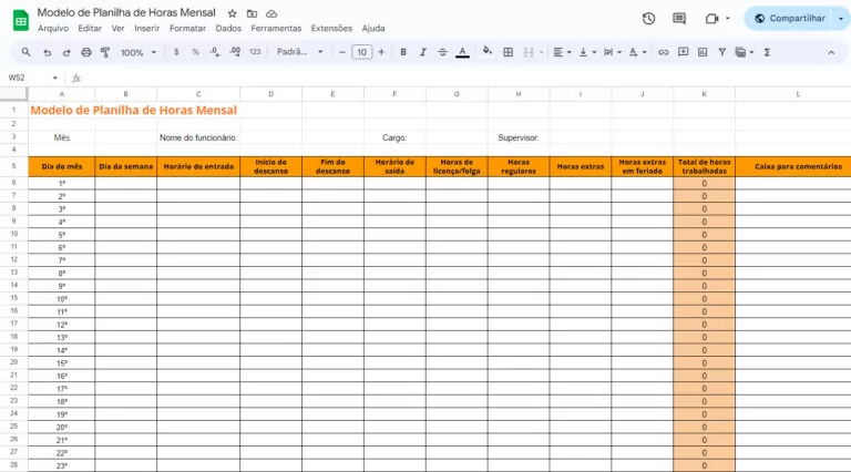 Planilha De Horas Mensal Grátis