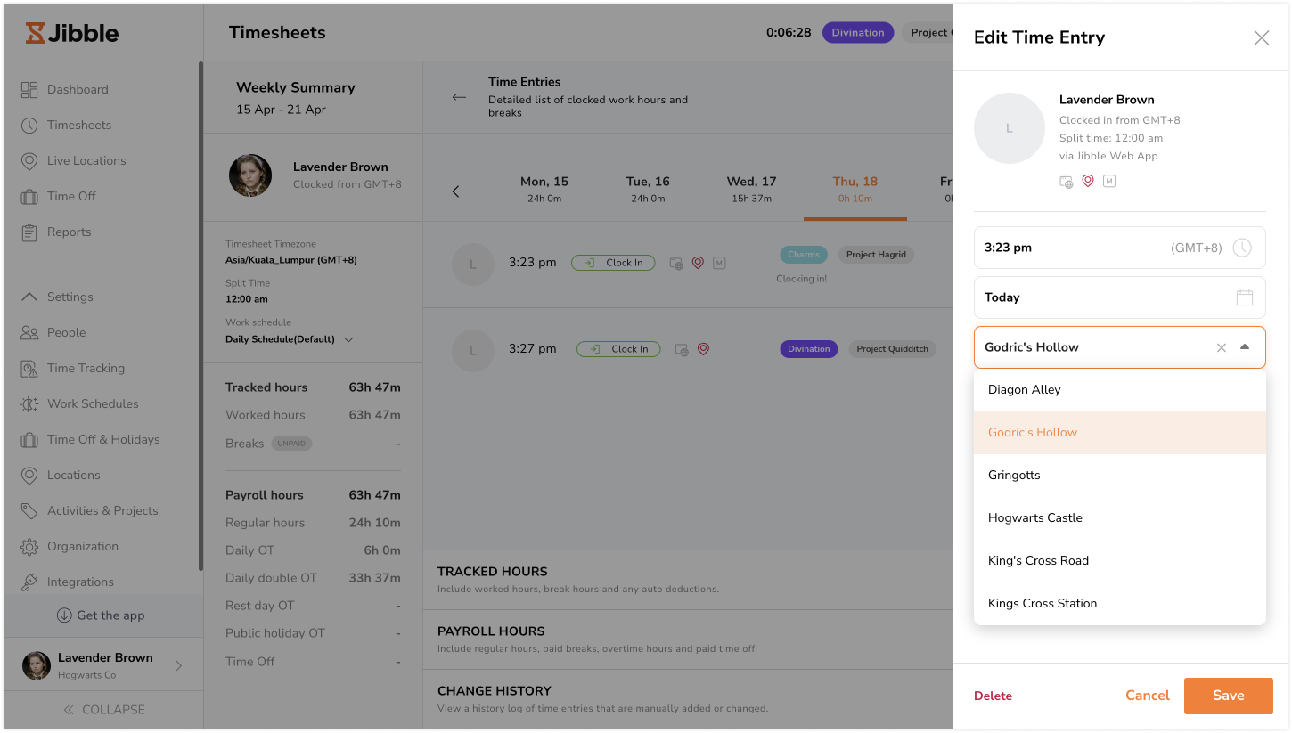 Selecting another location when editing time entries