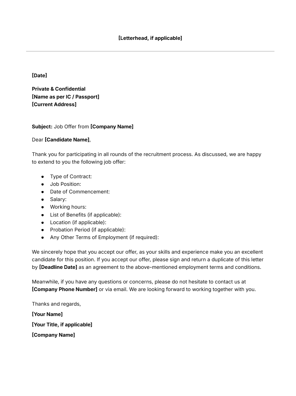Free job offer letter template
