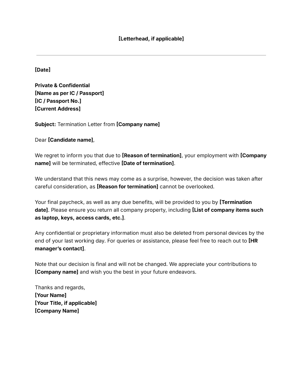 Free termination letter template
