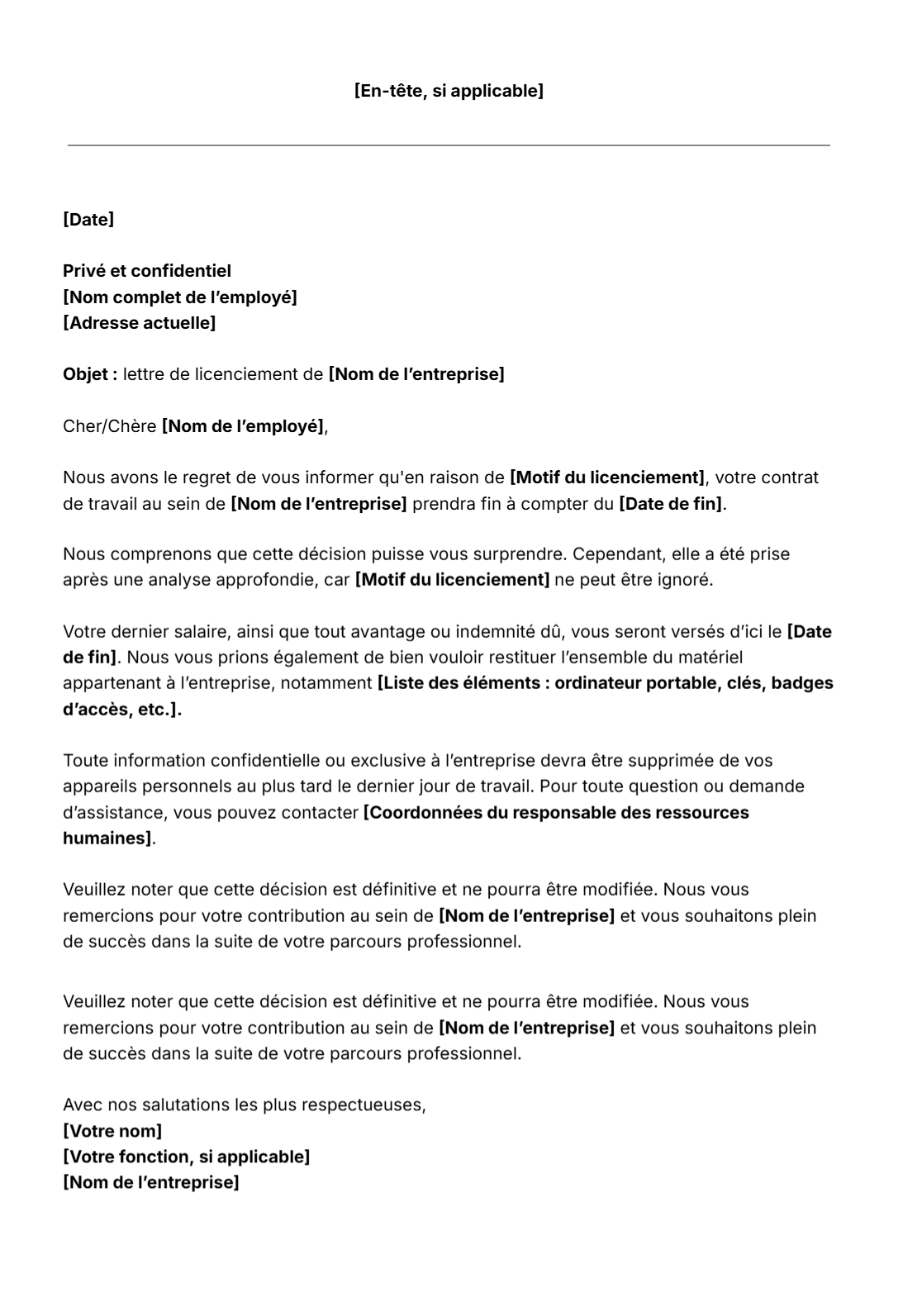 Modèle gratuit de lettre de licenciement