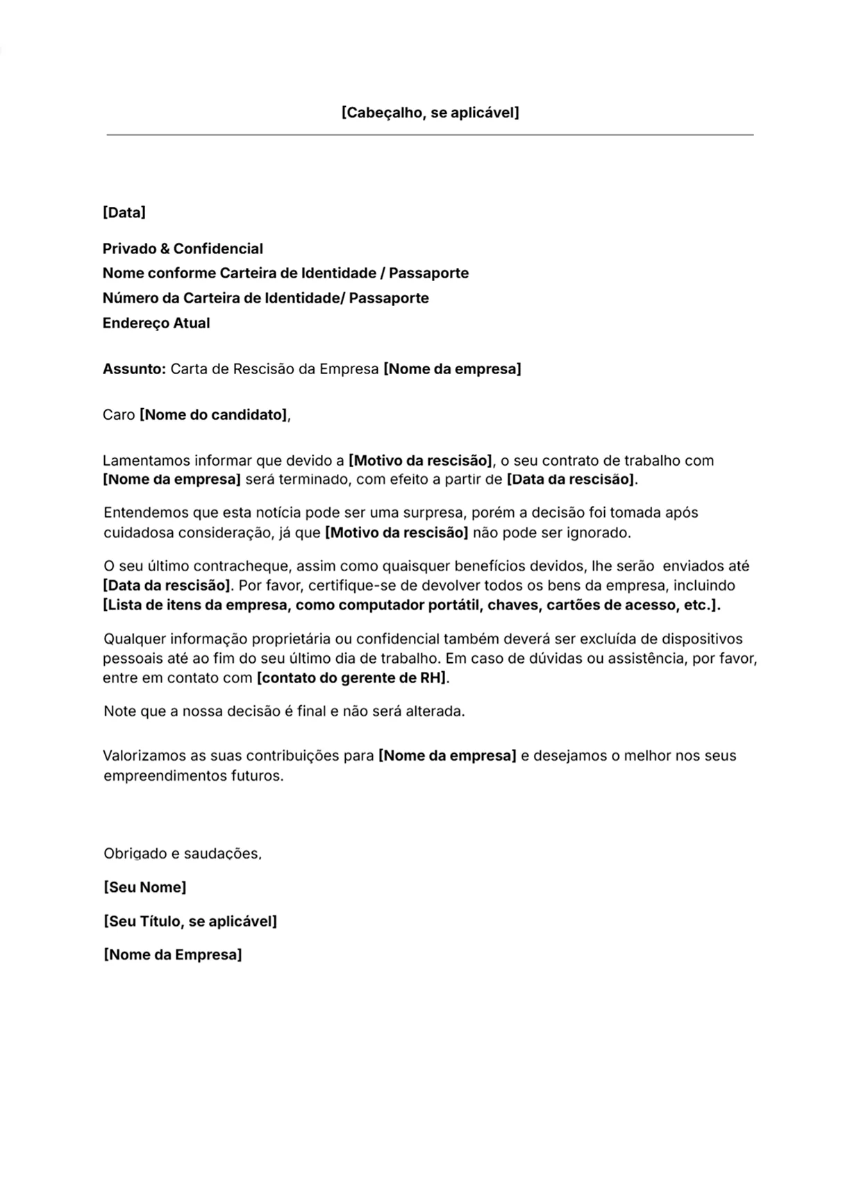 Modelo de carta de rescisão grátis