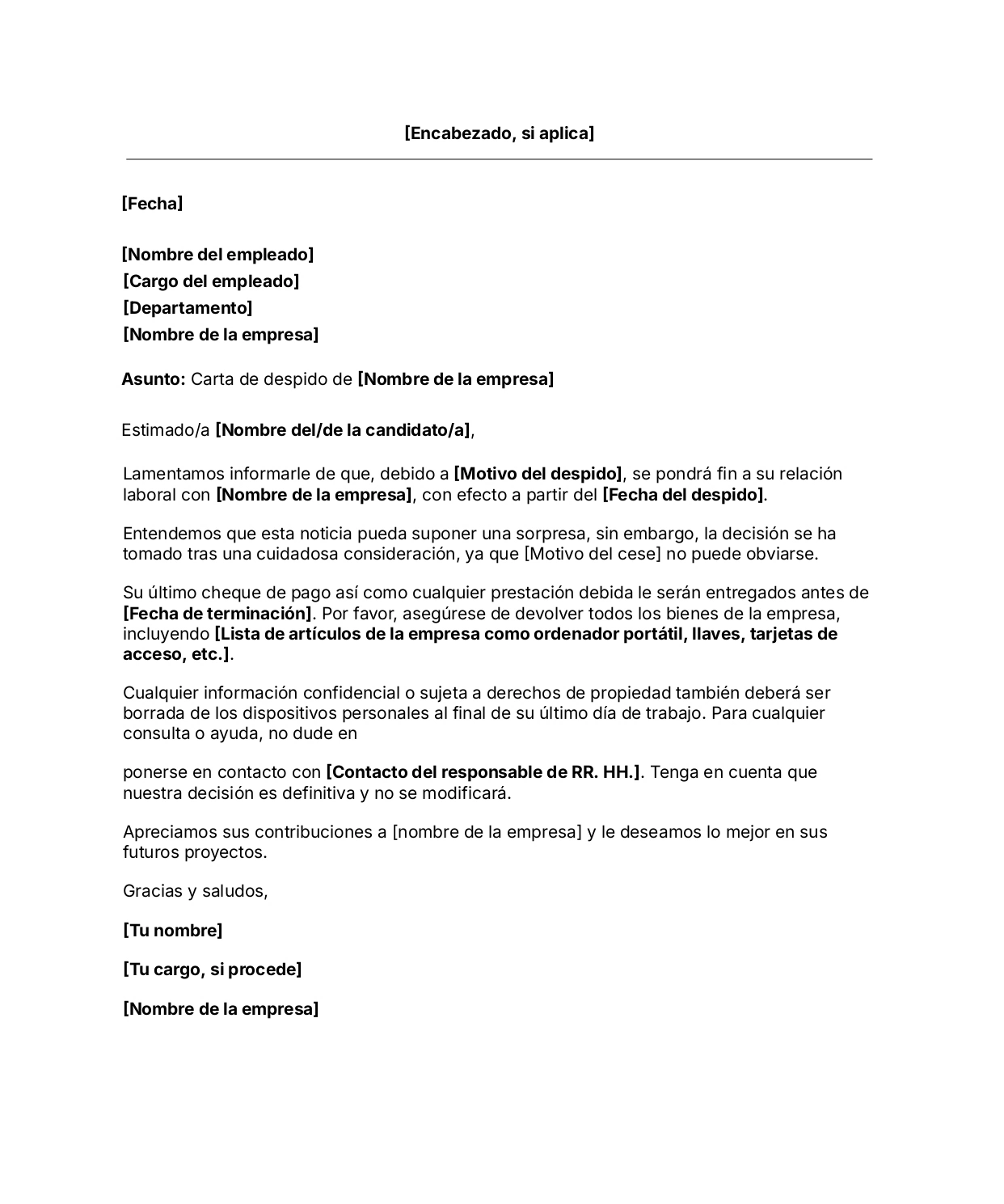 Plantilla gratuita de carta de despido