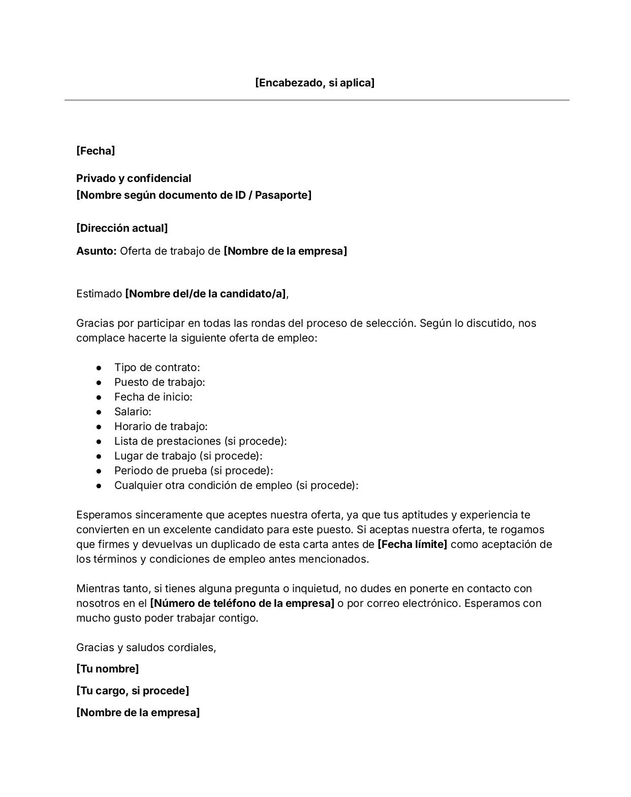 Plantilla gratuita de carta de oferta de empleo