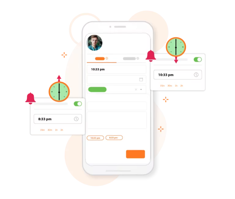 Time-based and location-based reminders to clock in and out.