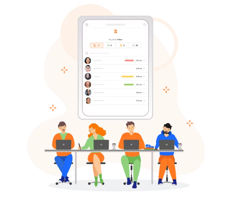 Workers tracking attendance at a co-working space.