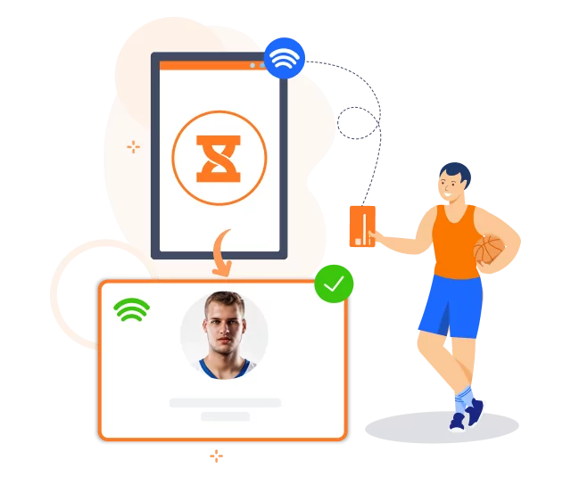 A basketball player clocking in by scanning his NFC/RFID enabled card.