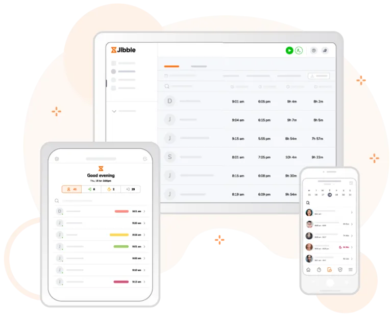The Jibble work from home tracker show in various devices.