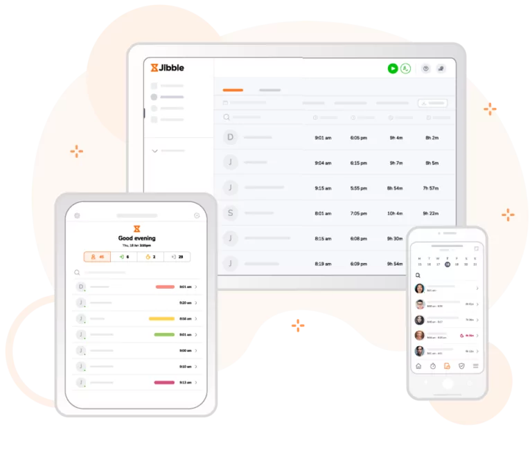 Clock in/out attendance on any device.