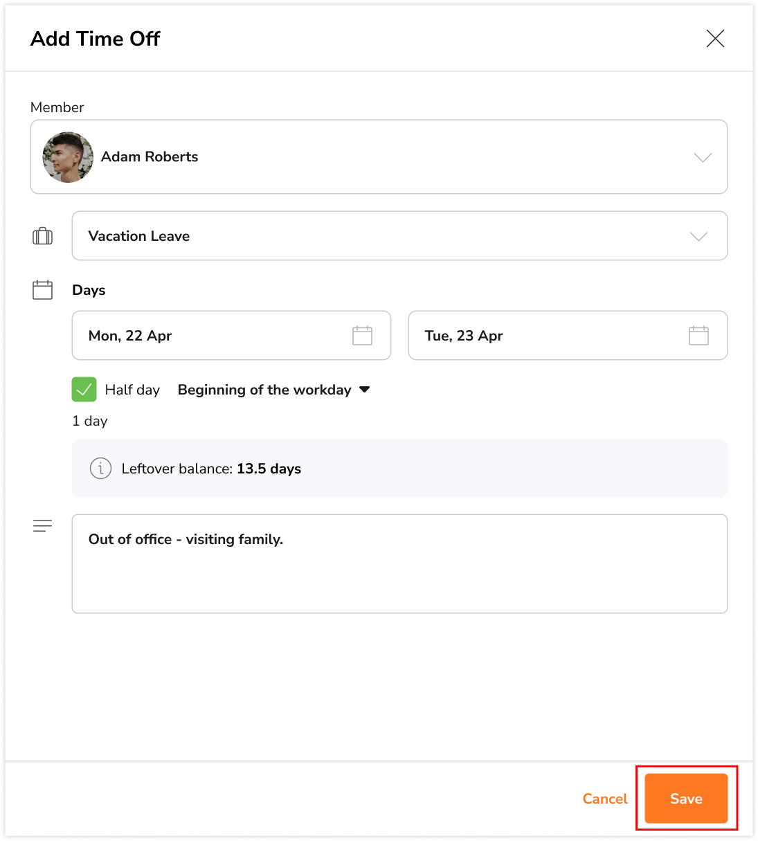 Adding notes and saving time off request