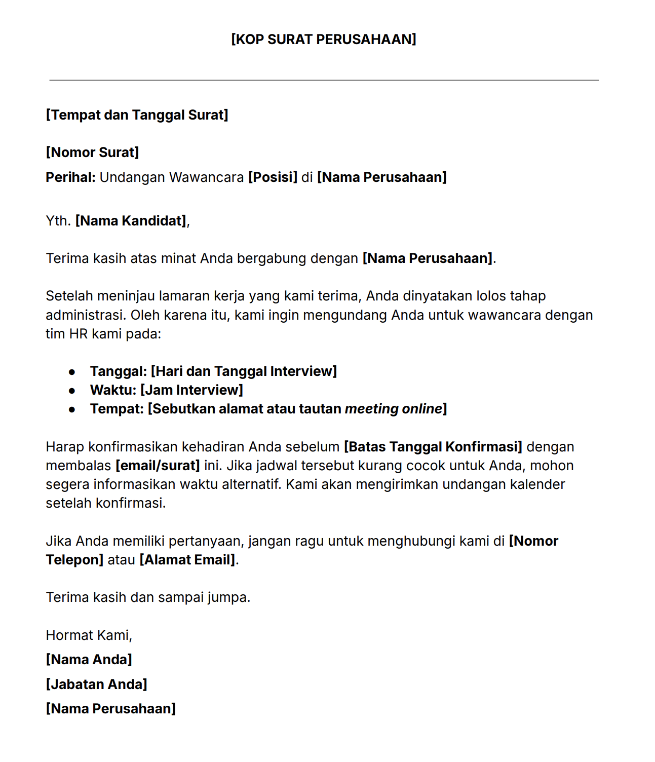 Contoh isi undangan interview