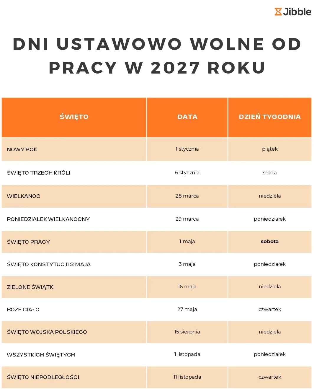 Dni ustawowo wolne od pracy 2027 r. w formie plakatu do wydrukowania.