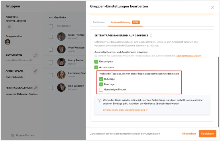 Geofence auto clock in/out for Group settings 