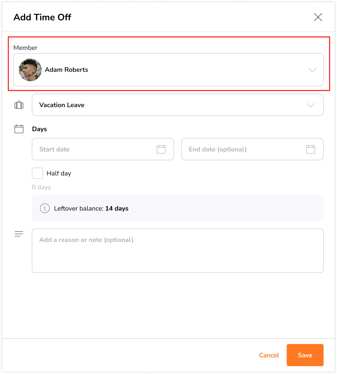 Selecting a member to apply time off for