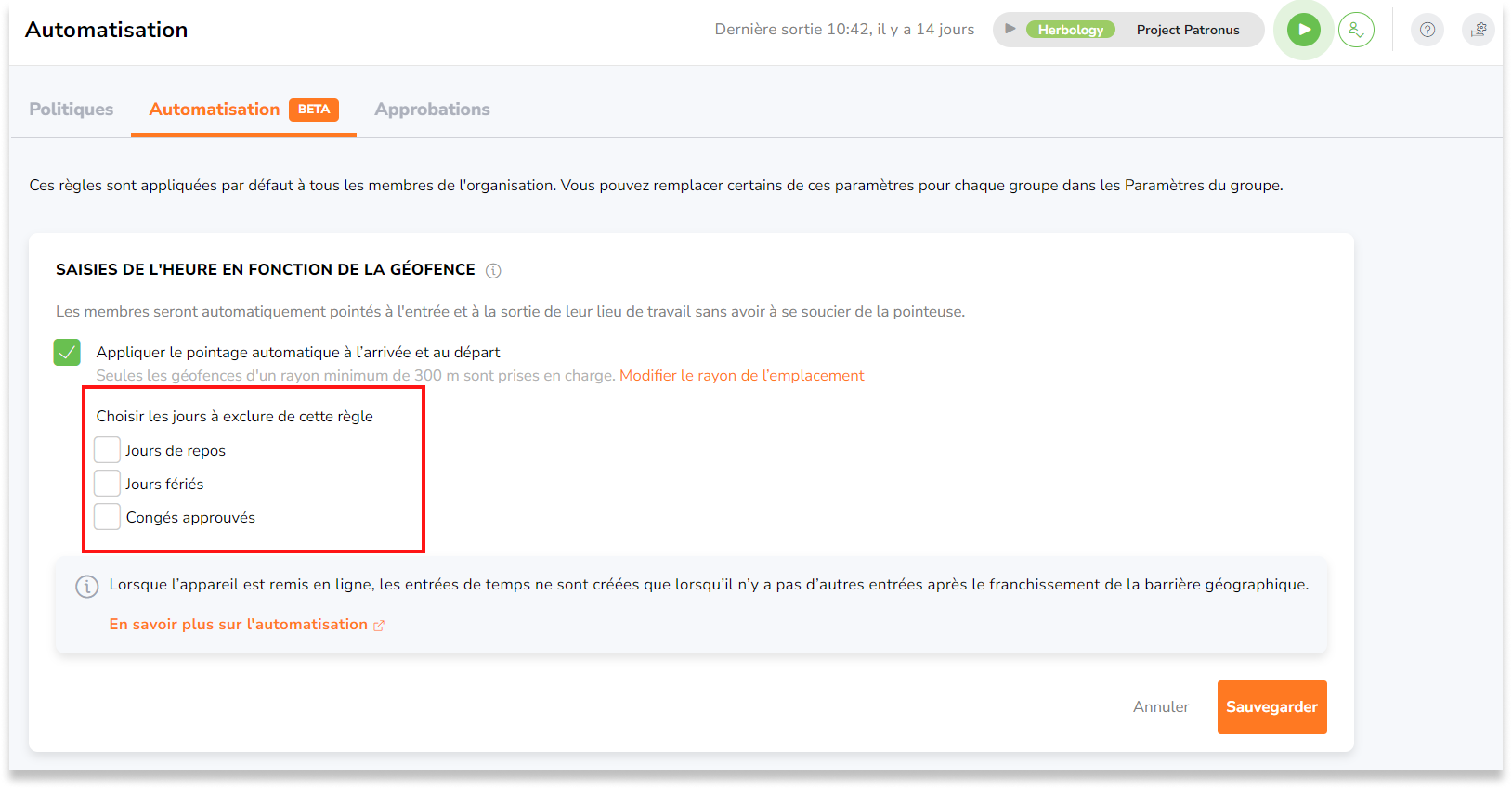 Cochez la case "Appliquer les heures de travail automatiques". 