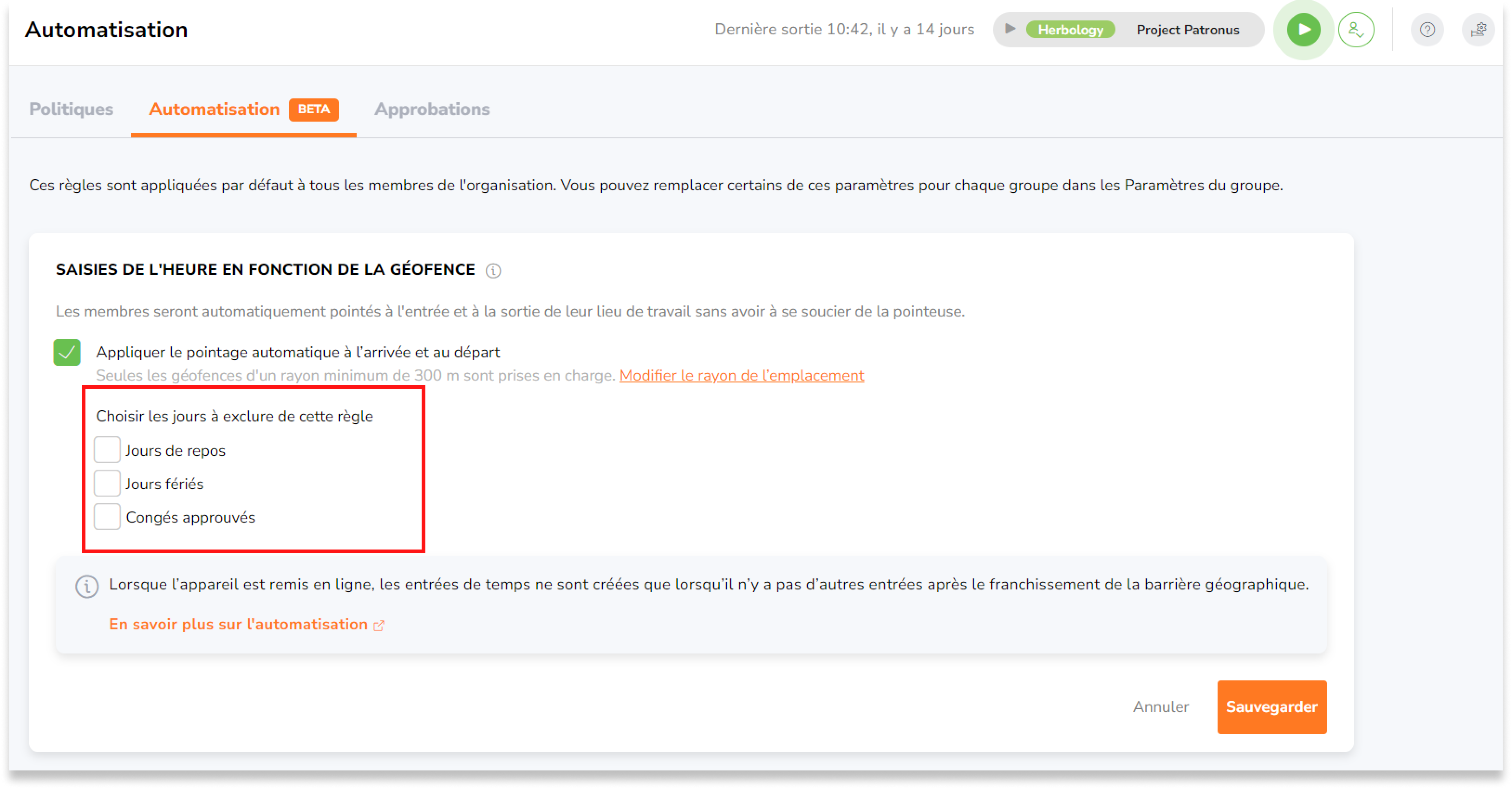 Cochez la case "Appliquer les heures de travail automatiques". 