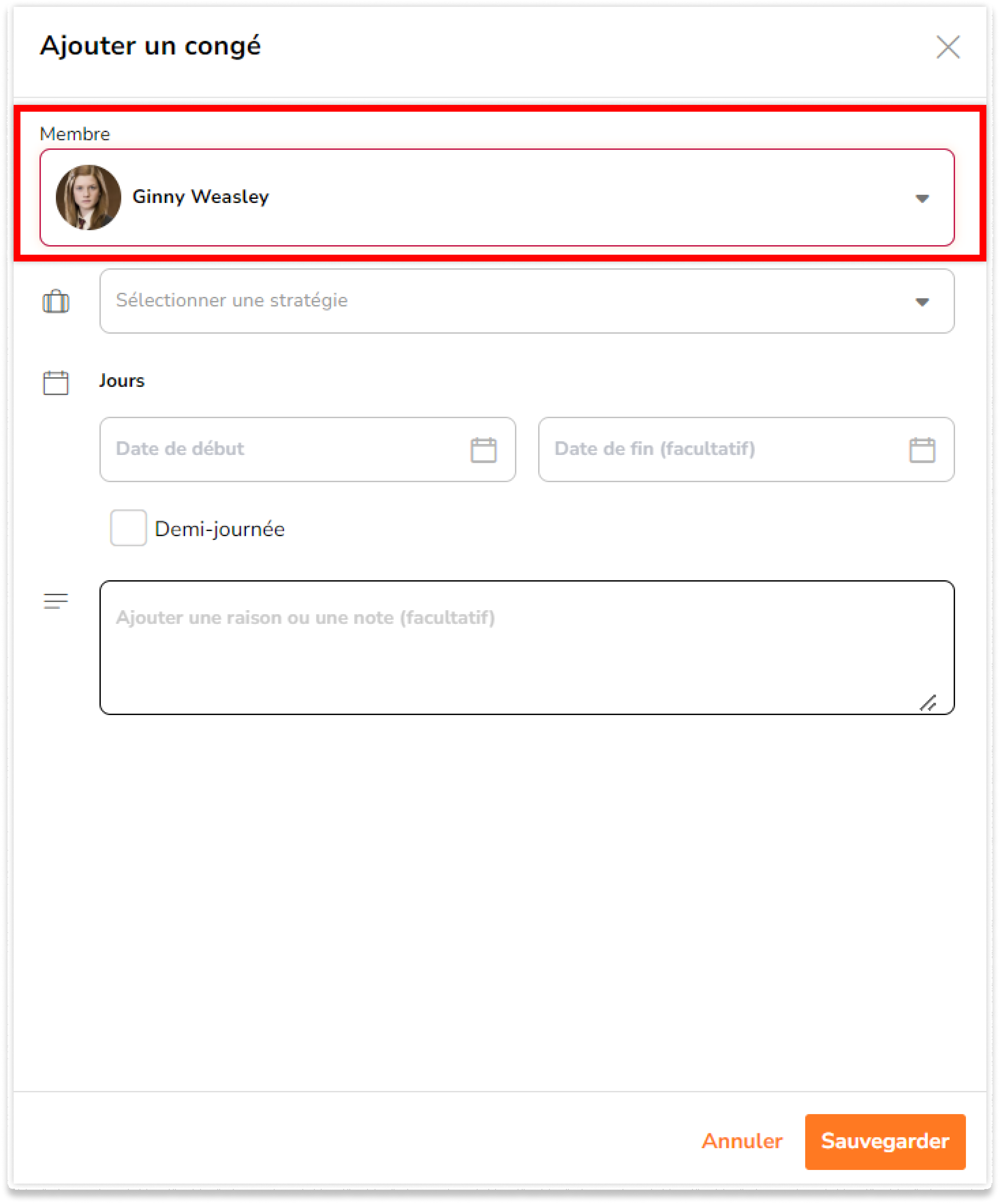 Si vous êtes un administrateur ou un responsable et que vous ajoutez des congés au nom de votre équipe, sélectionnez le membre pour lequel vous souhaitez ajouter un congé. 