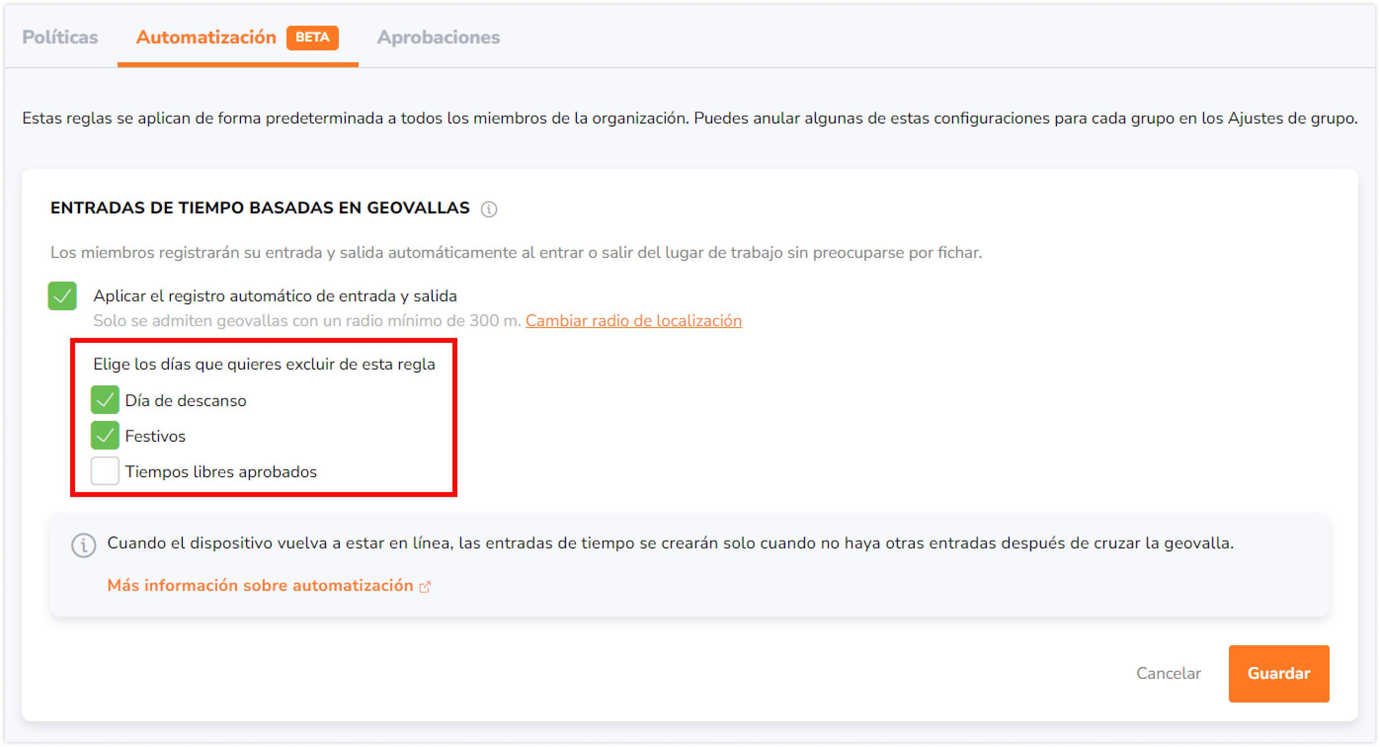 Si es necesario, especifica el tipo de días que quieres excluir de la automatización: Días de descanso, Festivos y Tiempo libre aprobado. 
