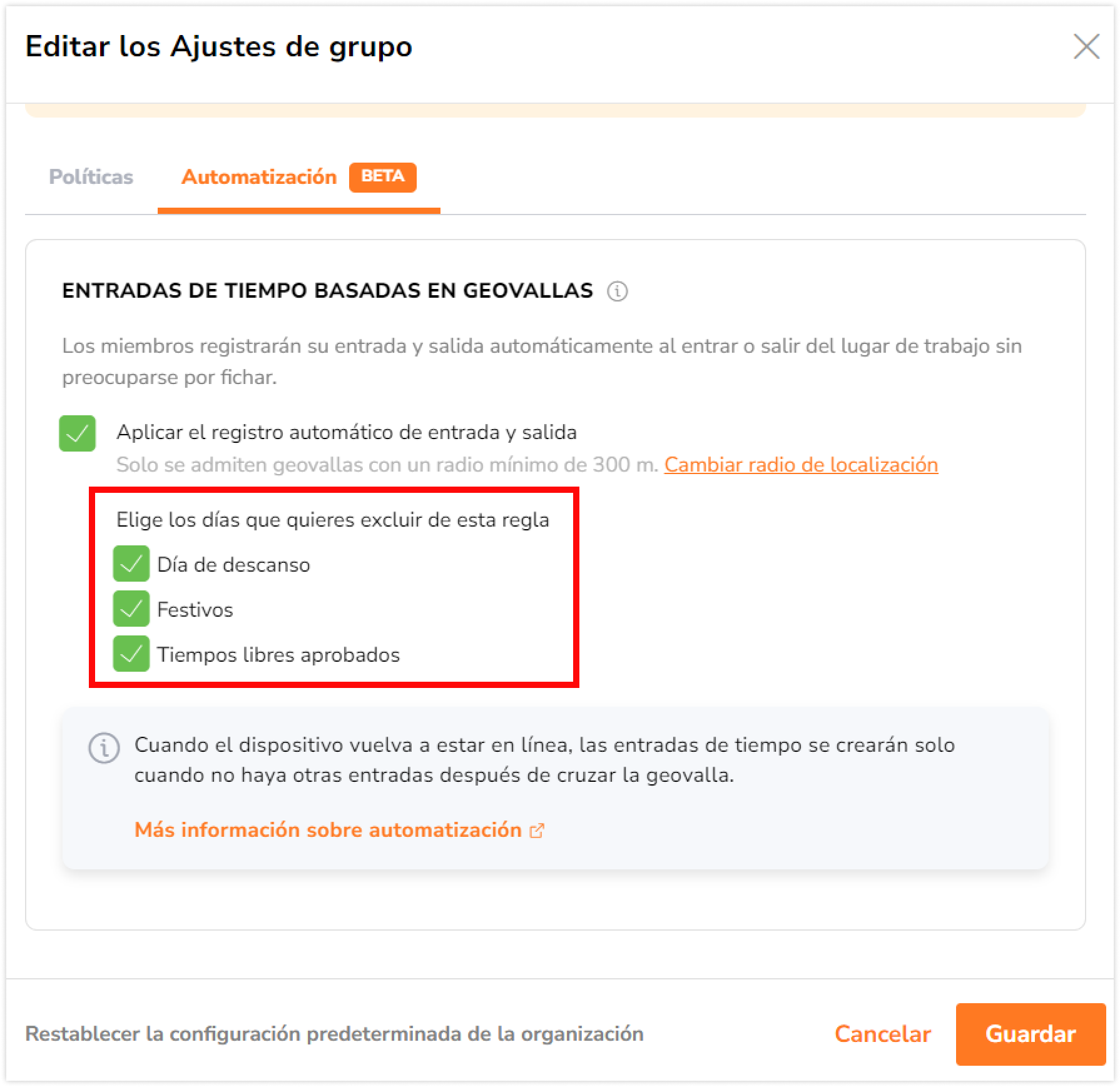 Si es necesario, especifica el tipo de días que quieres excluir de la automatización: Días de descanso, Festivos y Tiempo libre aprobado. 