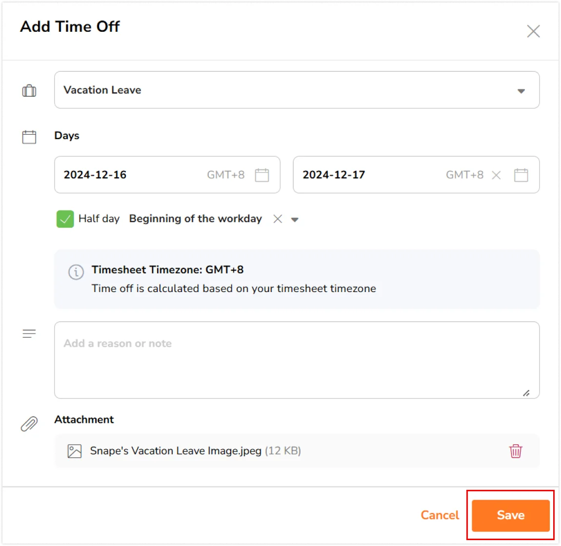 Save button on time off side bar