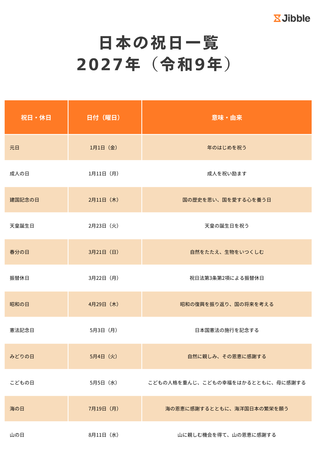 日本の祝日一覧2027年版