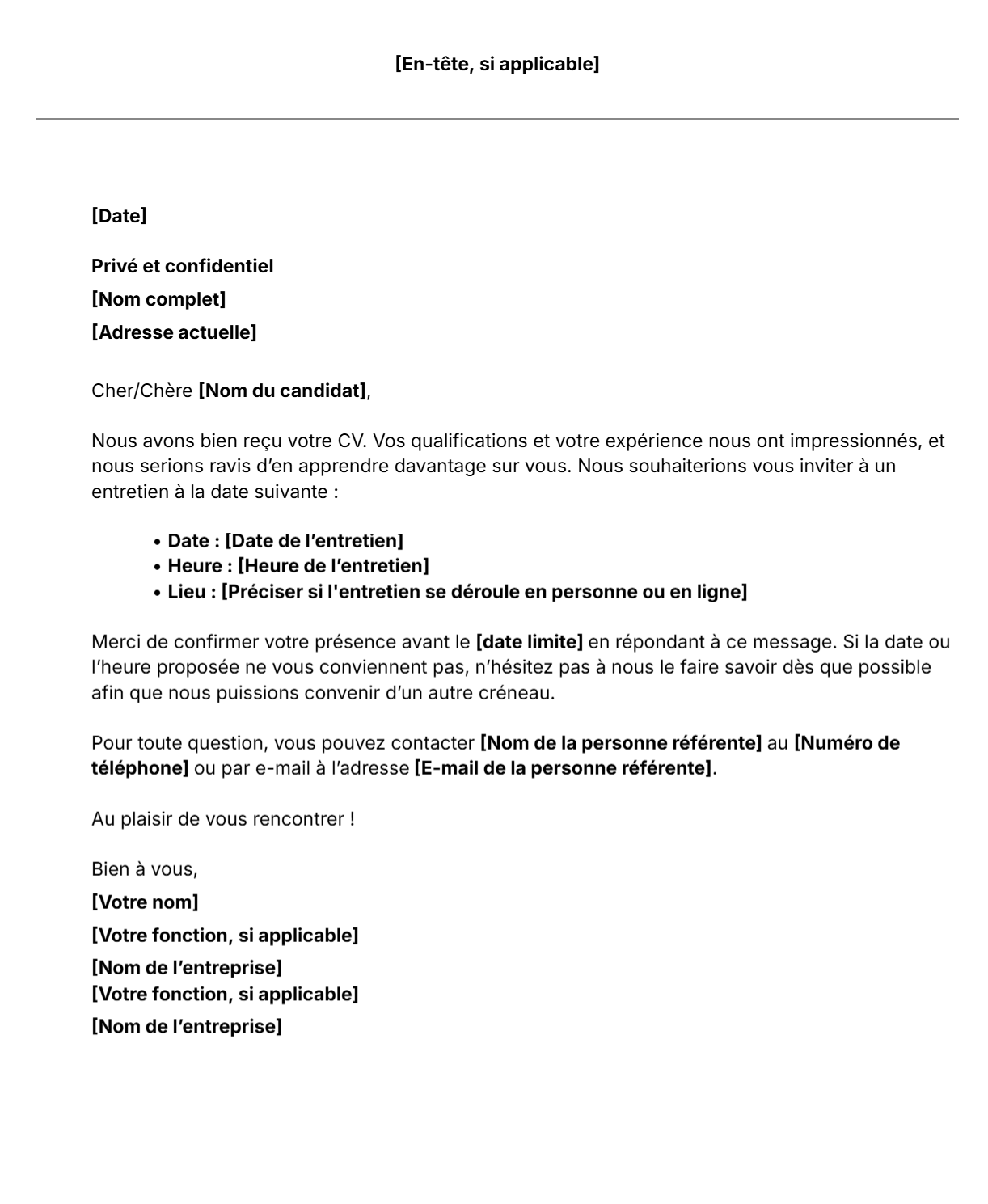 Modèle gratuit de lettre de convocation à un entretien