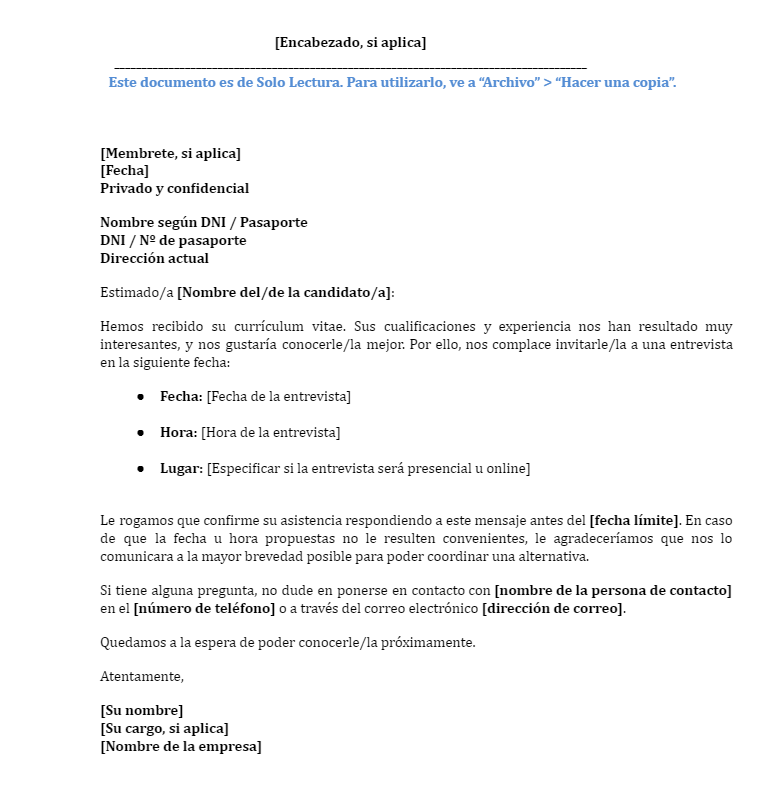 Plantilla gratuita de carta de invitación a una entrevista