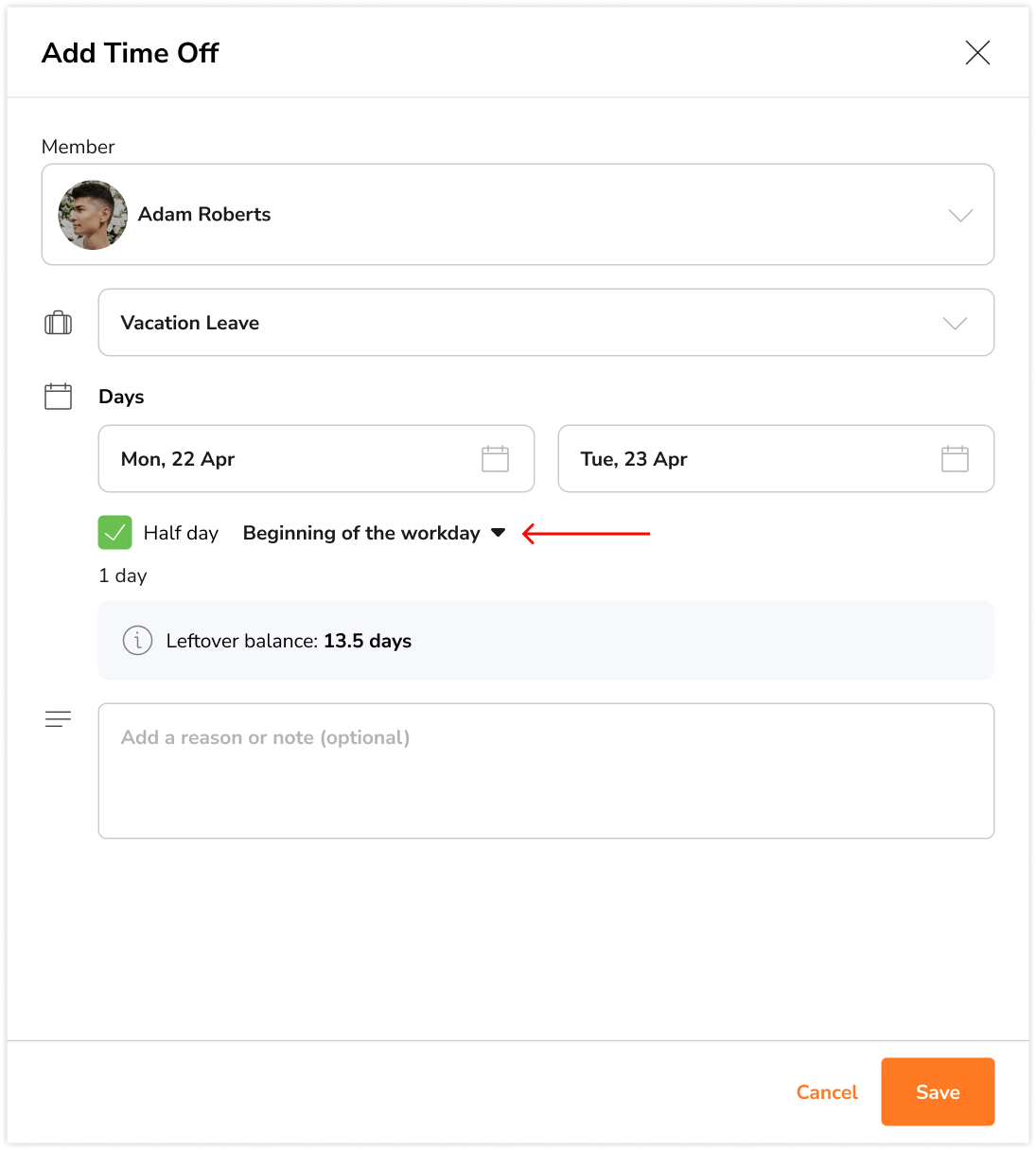 Selecting a time frame for half day leave