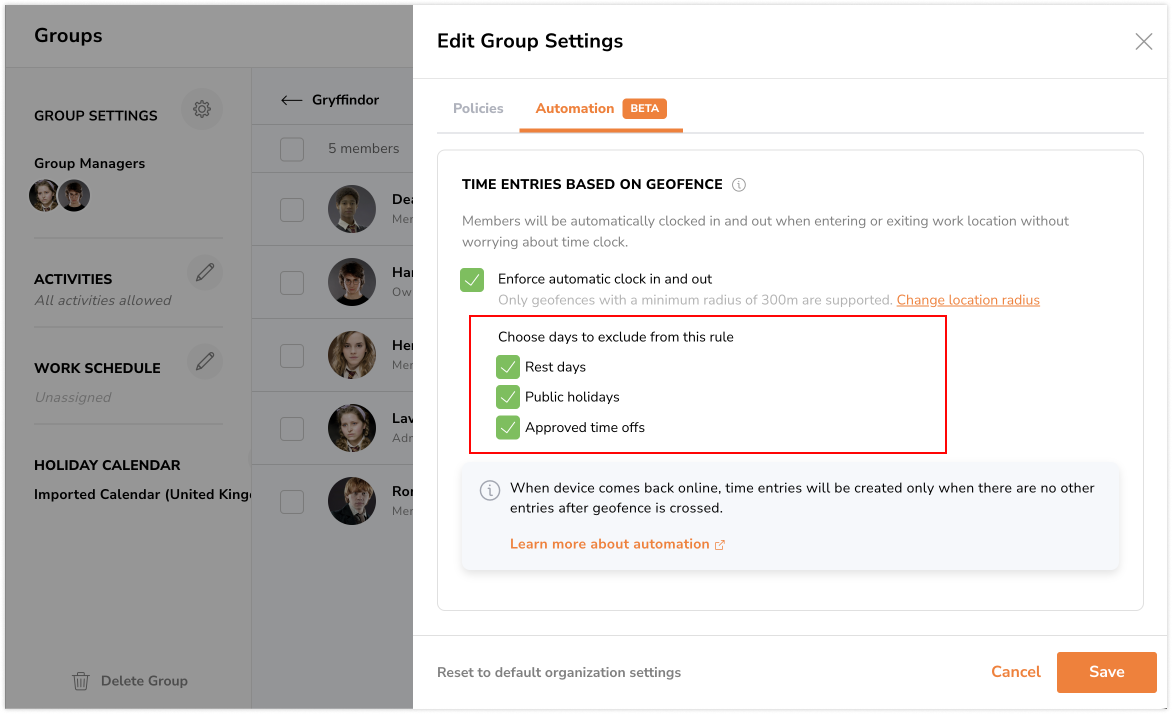 Selecting days to exclude from geofence automation