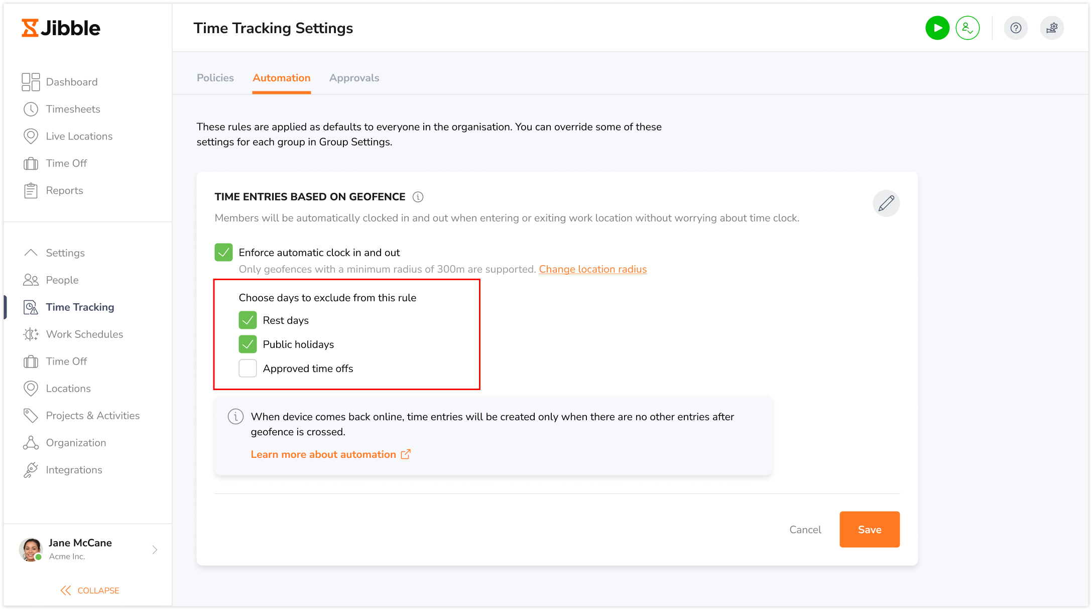 Selecting types of days to exclude from geofence automation