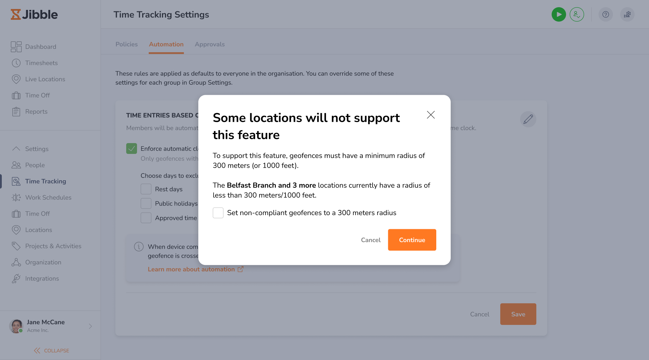 Modal showing locations that are below the minimum required radius