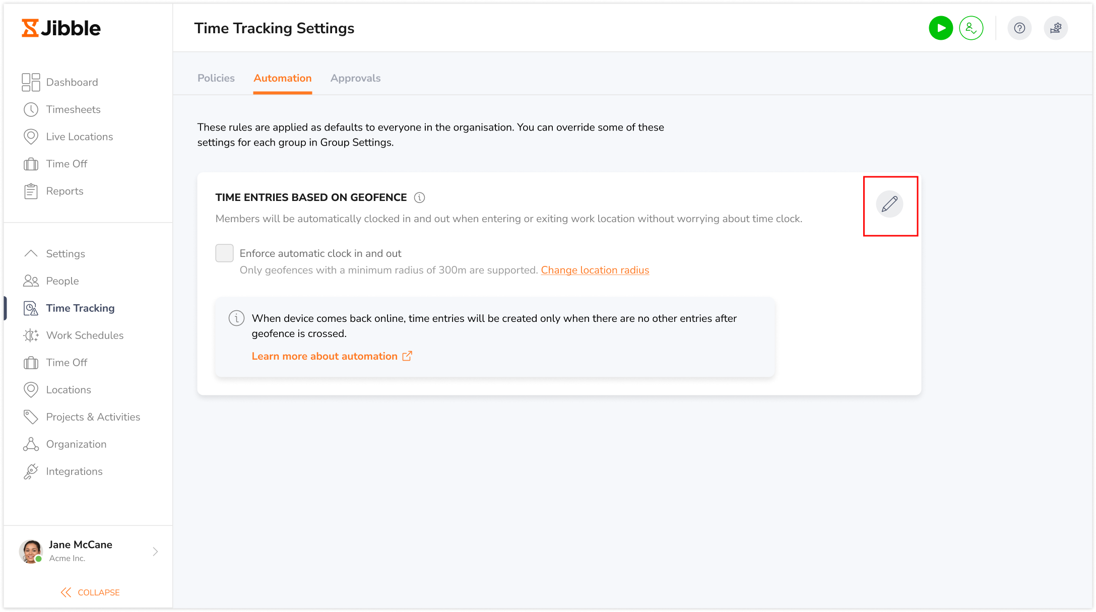 Automation tab on time tracking settings on web