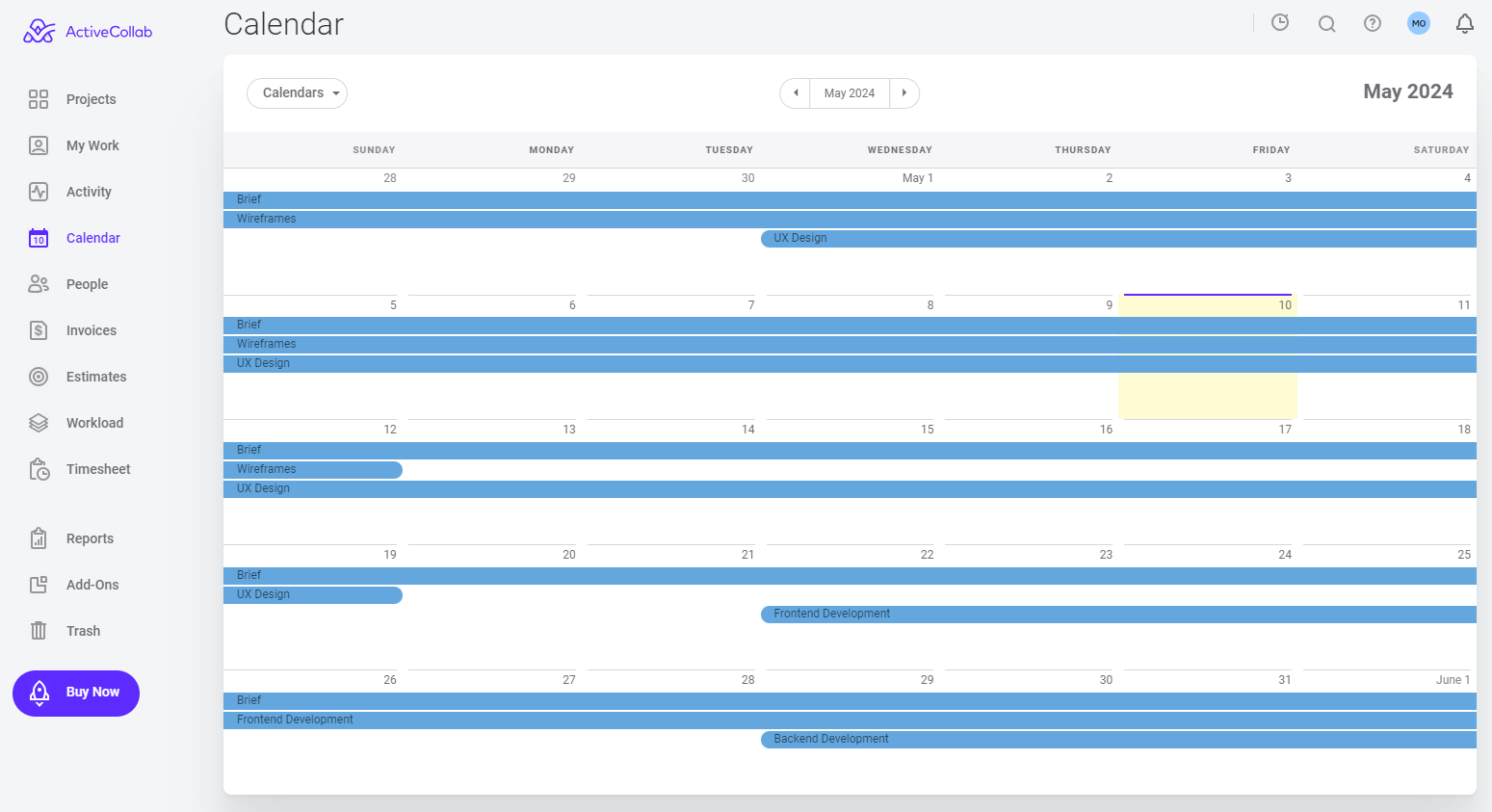 Vizualização do Calendário no ActiveCollab