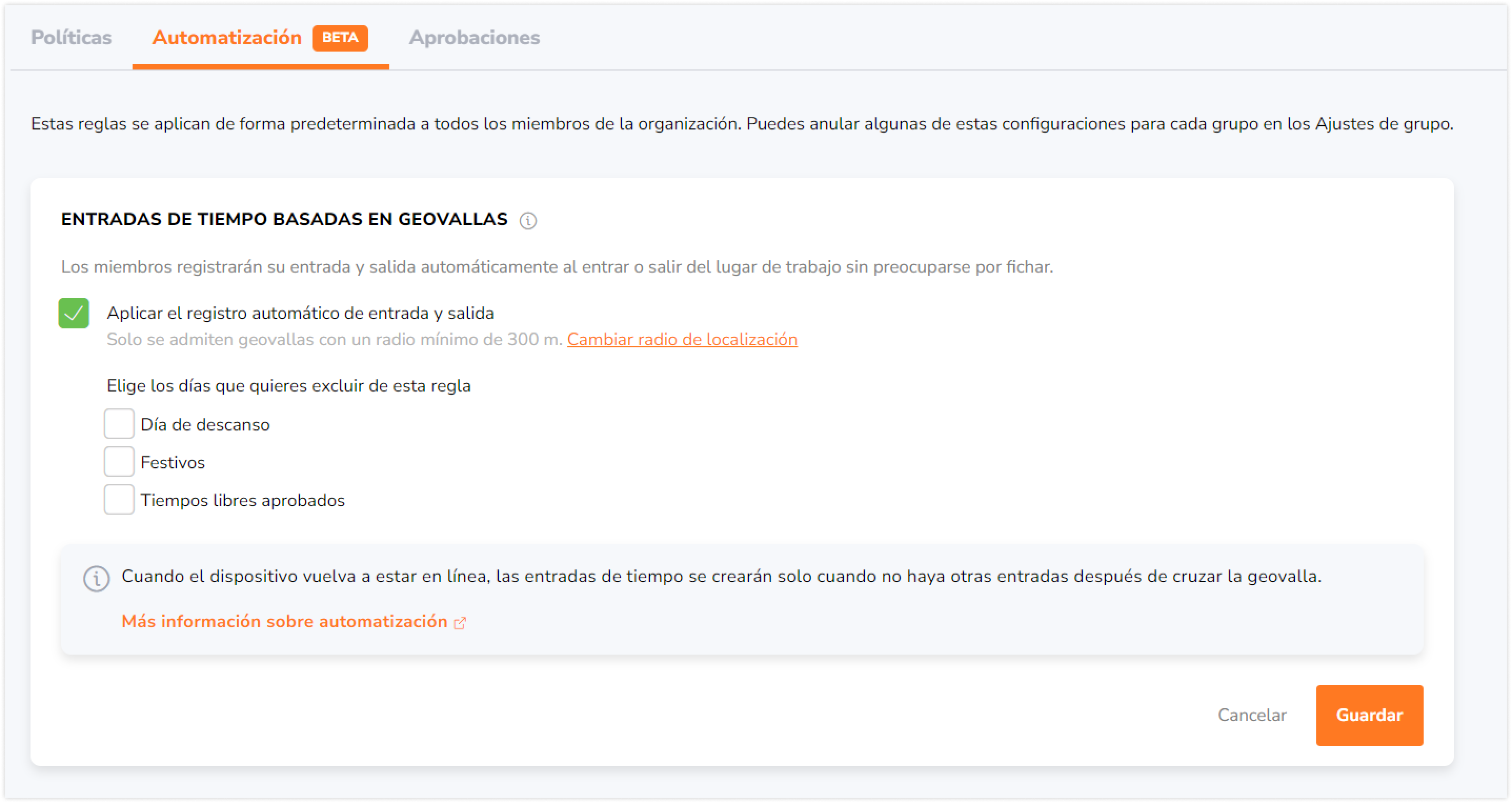 Selecciona la casilla "Aplicar el registro automático de entrada y salida". 