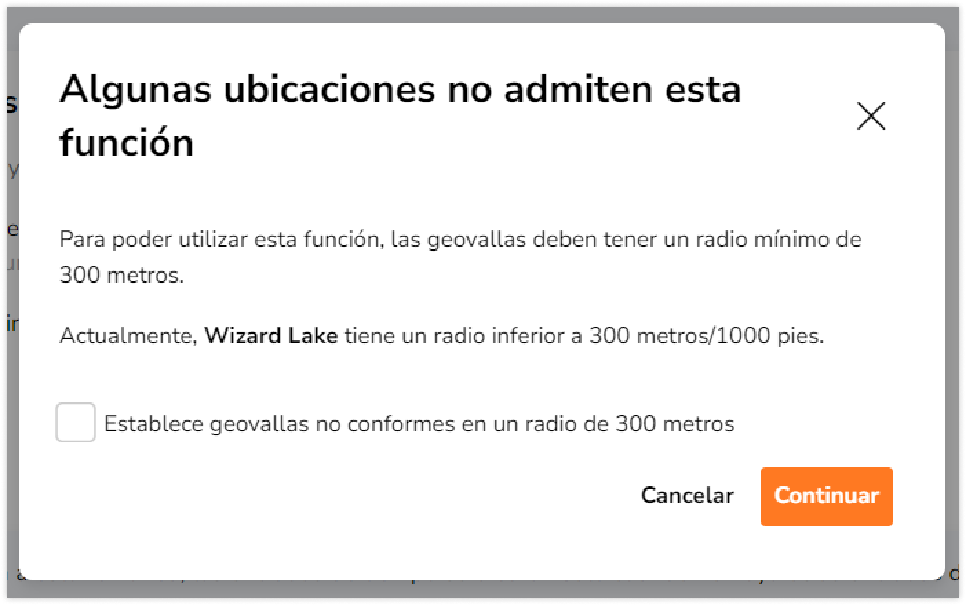 Si tienes localizaciones por debajo del radio mínimo requerido, verás un modal sobre localizaciones no admitidas.