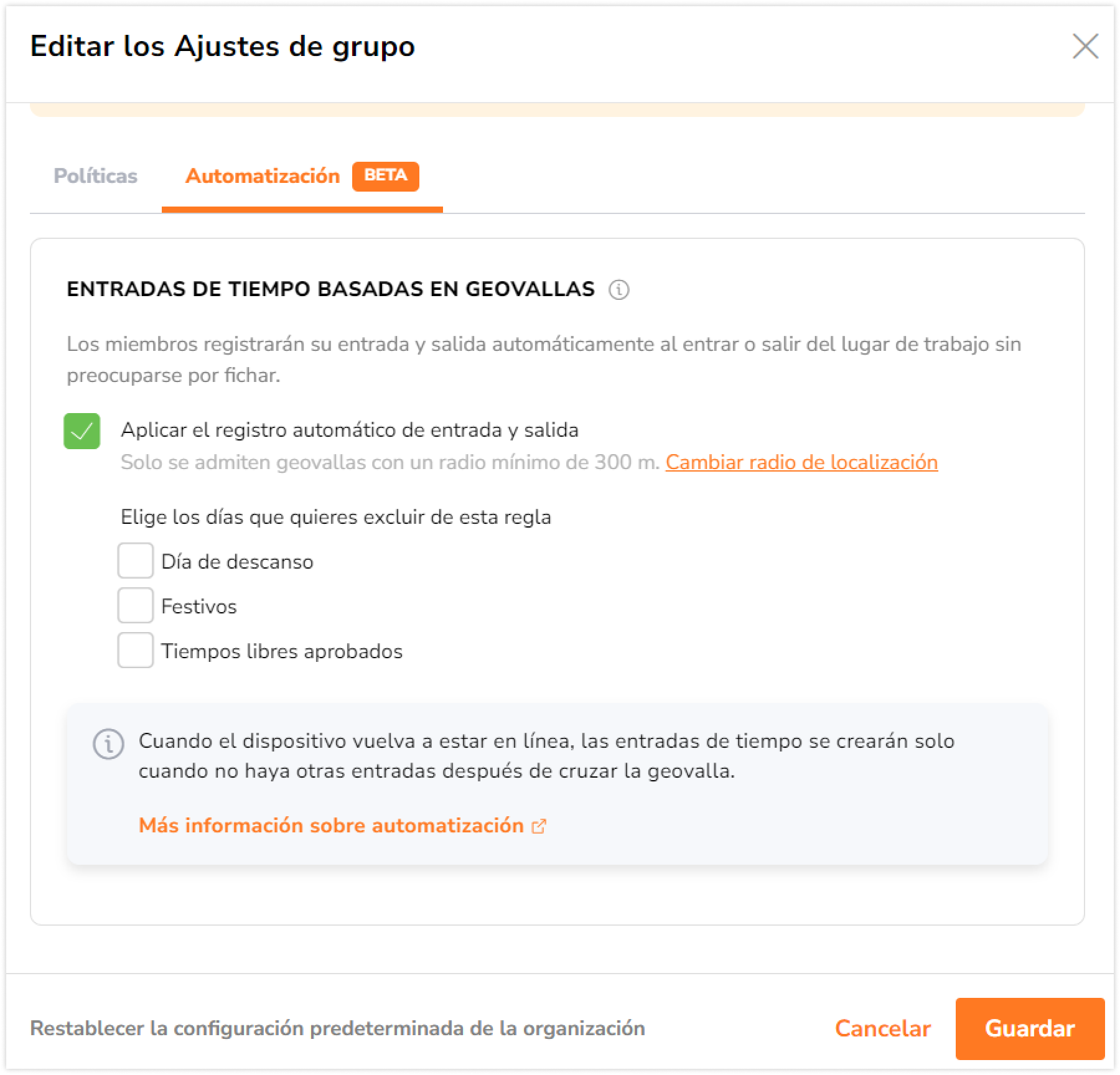 Selecciona la casilla de verificación "Aplicar el registro automático de entrada y salida".
