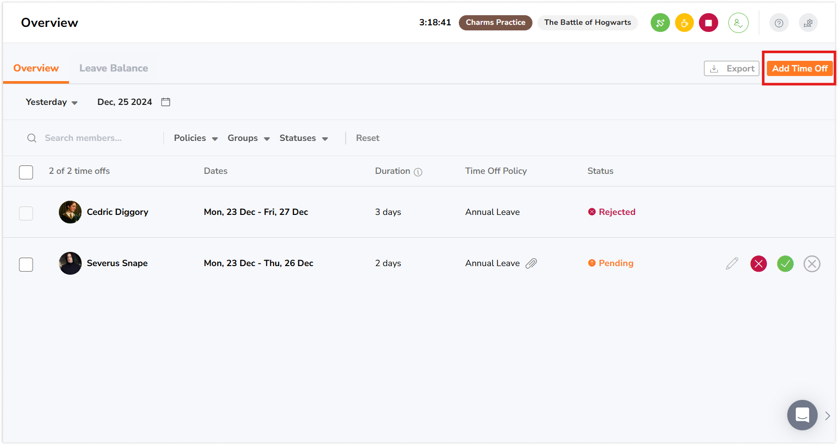 Add time off button on time off overview page