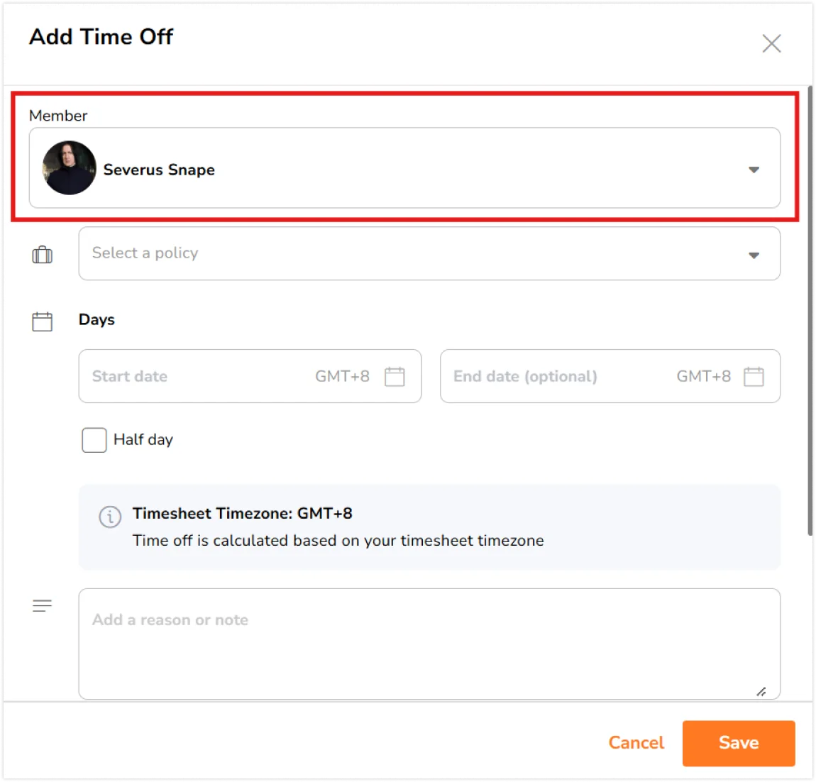 Selecting a member for adding time off