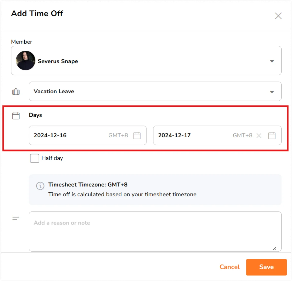 Selecting date for time off
